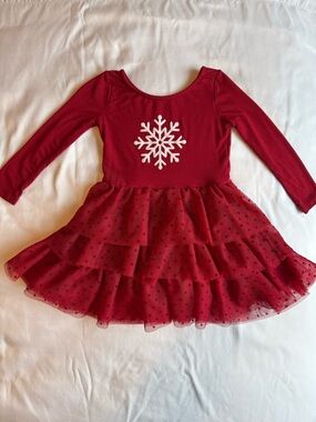 Play by Little Sleepies Red Long Sleeve Snowflake Tulle Tiered Dress 18-24 m.